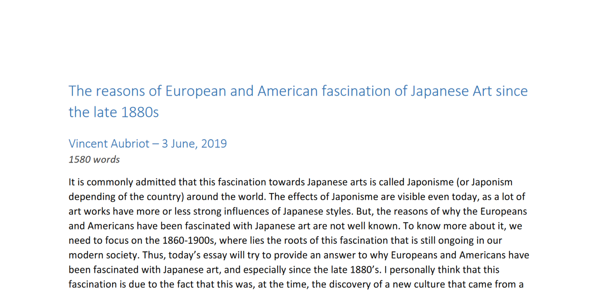 Essai - The reasons of European and American fascination of Japanese Art since the late 1880s - 2019